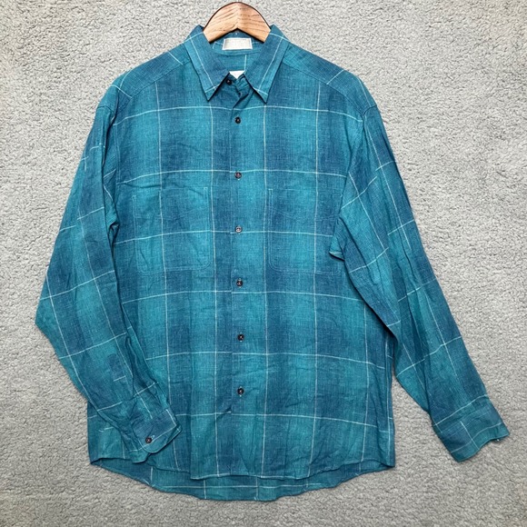 Claiborne Other - Vtg Claiborne Button Down Shirt Men M Teal Blue Plaid Linen Blend Breathable 90s